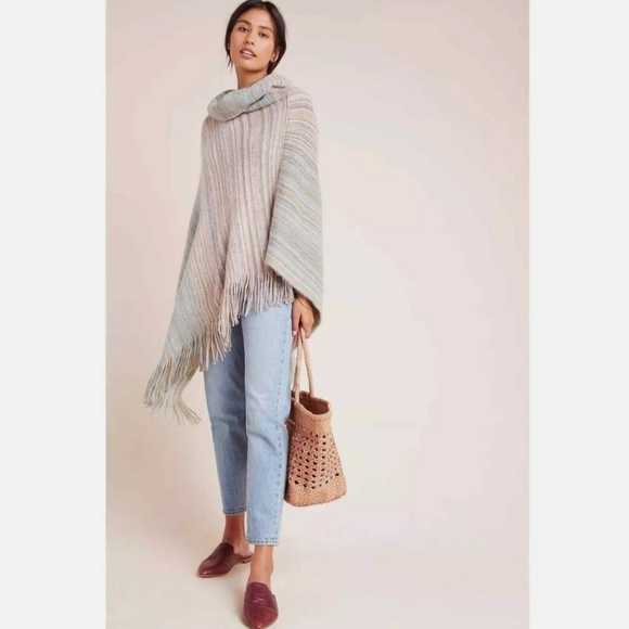 Anthropologie Saturday Sunday Vera Fringed Poncho Multicolor Pastel One Size - Picture 2 of 5